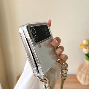 Hülle für Samsung Z Flip mit khakifarbenem Umhängeband und bunten Webdetails