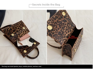 Vista interna della borsa leopardata con spazio per telefono e portafoglio