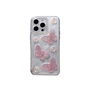 Glitter hoesje voor iPhone 16 Pro Max met 3D roze vlinders en bloemen met parels