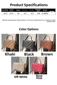 Detailed size specifications and five color variants of the quilted crossbody bag