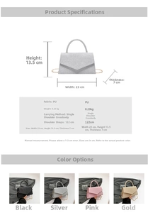 Detailed size specifications and color options for the sparkling rhinestone square bag