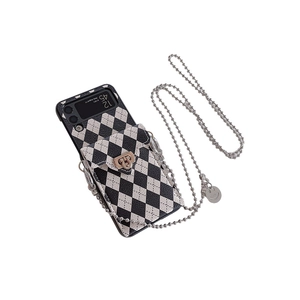 Vintage Argyle Leder Handyhülle für Samsung Z Flip mit Umhängekette und kleiner Geldbörse