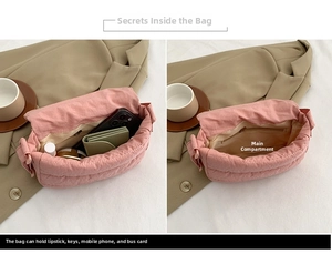 Detailed interior of pink quilted puffy bag showing storage for phone and cosmetics