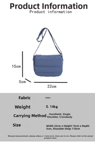 Detail specifications of a blue quilted cotton crossbody bag with size and strap dimensions