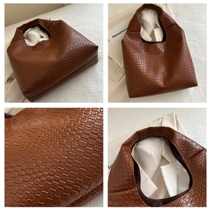 Collage of brown woven PU leather hobo bag showing texture, wide handle and large capacity