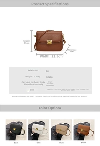 Detailed dimension chart and multi-color view of a vintage PU leather crossbody bag