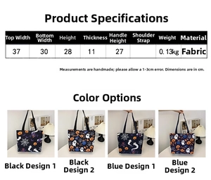 Size chart and dimensions for the Halloween ghost and pumpkin print canvas tote bag