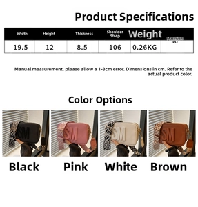 Detailed size specification infographic and color options for the PU leather camera bag