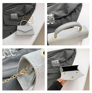 Detail view of silver glitter mini bag showing metallic handle, chain and magnetic closure
