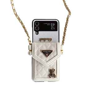 Quilted white leather Z Flip case with metal bear charm and crossbody pearl chain strap