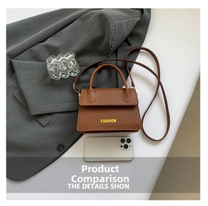 Brown leather crossbody bag detail with smartphone for scale comparison on minimalist desk