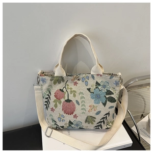 Detail of floral jacquard tote bag with detachable strap and metal buckle closure
