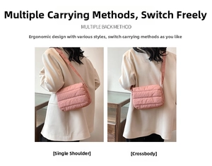 Detail view of pink quilted down crossbody bag showing adjustable shoulder strap length