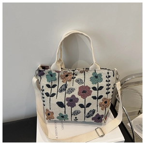 Detail of floral canvas tote bag with adjustable shoulder strap and silver magnetic snap