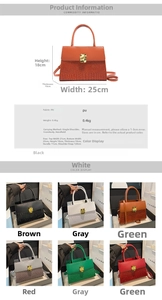 Detail view of crocodile pattern PU leather handbags with gold geometric buckles in six colors
