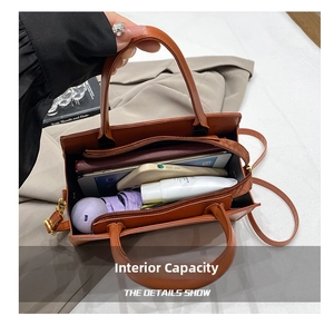 Interior view of brown faux leather bag showing spacious capacity for daily essentials