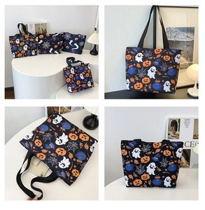 Detailed views of Halloween tote bag with pumpkin, ghost, and bat prints on dark blue canvas