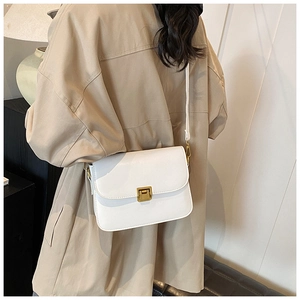 Macro detail of minimalist white square crossbody bag with gold metal buckle closure
