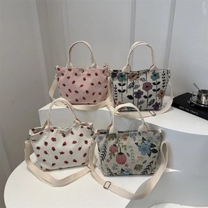Canvas Corduroy Tote Bag Strawberry Floral Print Shoulder Handbag For Women Daily Casual Large Capacity