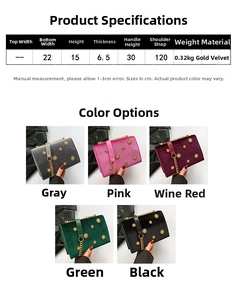 Size guide for velvet shoulder bag with rivet decor, 22x15x6.5cm, available in 5 colors