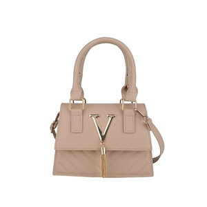 Beige French design handbag with V-logo, tassel detail and elegant V-quilted pattern