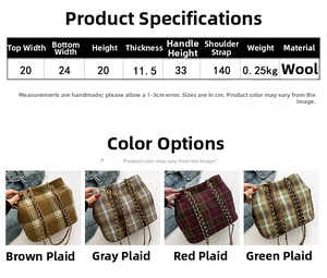 Size chart for plaid wool bucket bag showing dimensions, weight, and strap length details