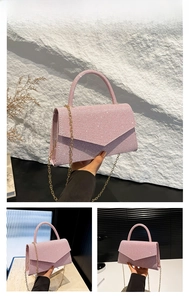 Pink sequin evening clutch bag with gold chain strap and structured envelope flap cover