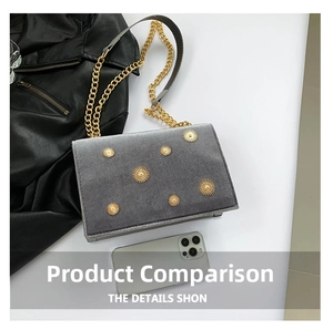 Detailed view of gray velvet crossbody bag with sunflower studs and size reference phone