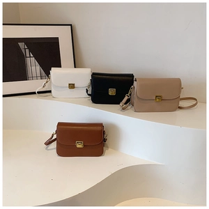 Retro flap shoulder bags in white, black, beige, and brown with gold buckles