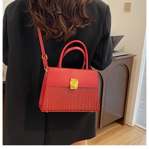 Detail of red crocodile texture leather handbag with elegant gold metal buckle on black suit