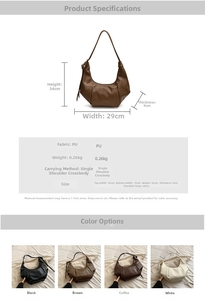 Detailed size chart and multi-color options for the pleated leather dumpling shoulder bag