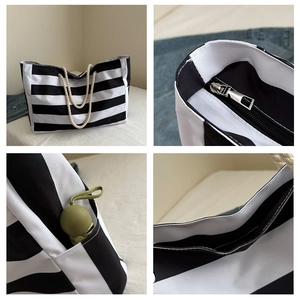 Detailed views of striped canvas tote showing rope handles, zipper closure and side pocket