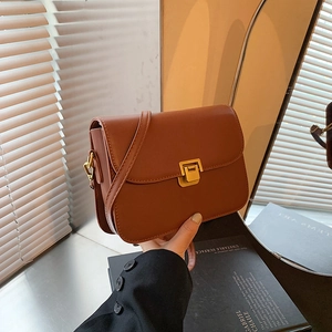 Minimalist reddish brown leather crossbody bag with golden metal buckle clasp