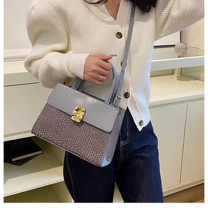 Close-up of retro minimalist crossbody bag with gold buckle and faux crocodile texture