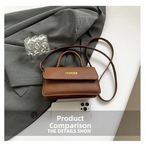 Brown litchi grain leather bag with top handle and fashion text, shown next to a smartphone