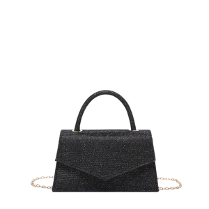 Retro black glitter handbag with gold chain strap and top handle shown in center view