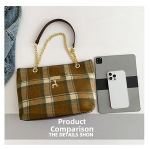 Plaid tote bag size comparison with tablet and smartphone showing large capacity