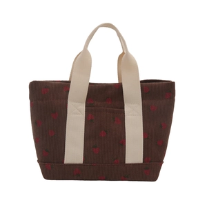 Cute strawberry corduroy tote bag for women with beige canvas handles on white background