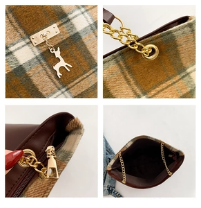 Detail view of gold deer pendant and plaid wool texture on stylish chain crossbody bag