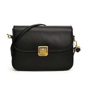 Chic black leather crossbody square bag with vintage gold buckle on a white background
