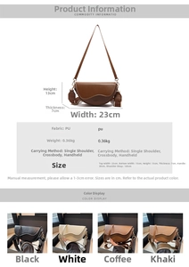 Detailed size chart and specifications for PU leather saddle bag showing dimensions and colors