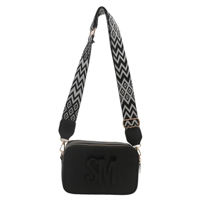 Sac bandoulière noir chic avec logo SM et large bandoulière à motifs géométriques