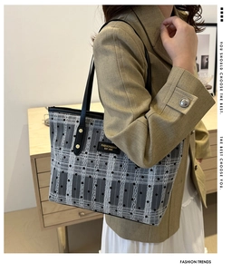 Detail of grey plaid tote bag with polka dots and fashion logo on wool blazer