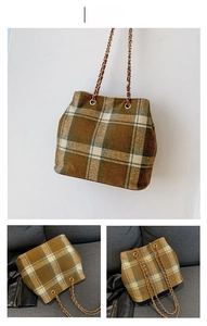 Close-up of brown plaid wool tote bag with golden chain strap in two display views
