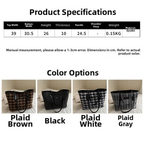 Detailed size chart and four color options for the large plaid canvas tote bag