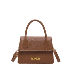 Brown litchi texture small square handbag with gold fashion lettering and top handle