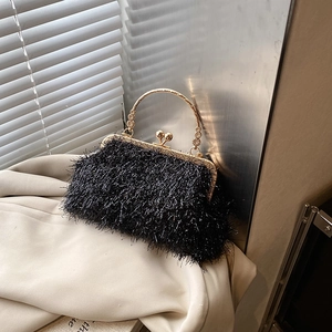 Fashionable black plush chain shell bag with gold metal handle and bead clasp closure