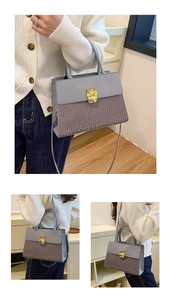 Detail of grey crocodile pattern handbag featuring a gold metallic clasp and dual strap design