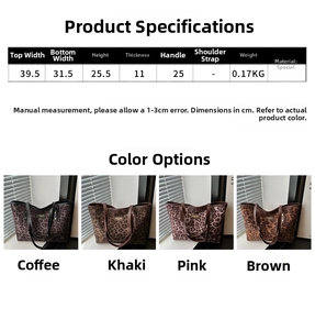 Guide des tailles montrant dimensions et couleurs pour le sac fourre-tout léopard