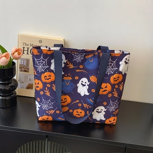 Halloween tote bag with ghost and pumpkin print on a high-quality purple fabric